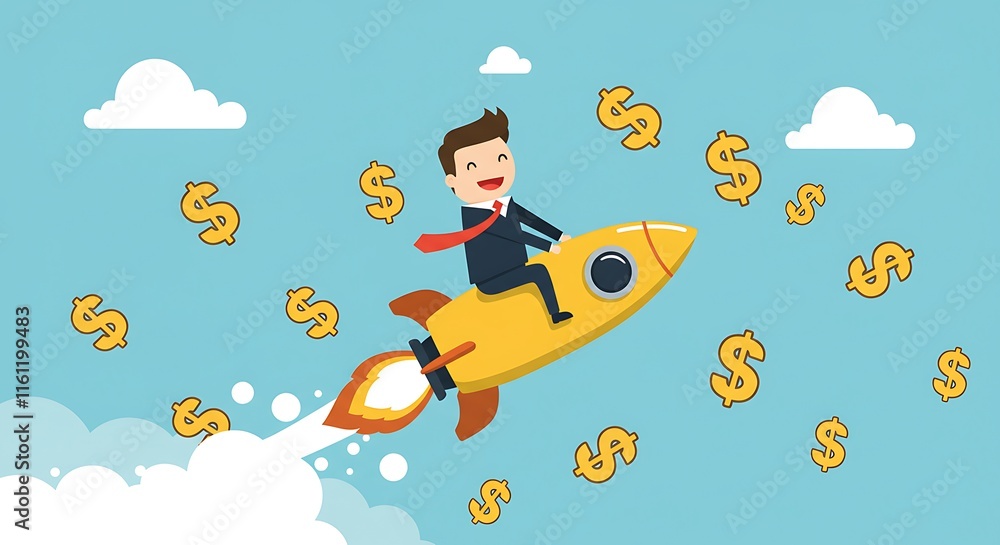 Businessman Rocket Launch Financial Success Growth Investment Money Wealth Businessman Rocket Launch Financial Success Growth Investment Money Wealth