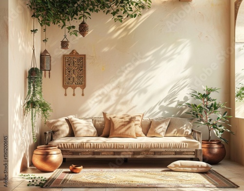 A traditional Arab house with islamic pattern and ramadan lamp decoration. Cosy beige interior photo