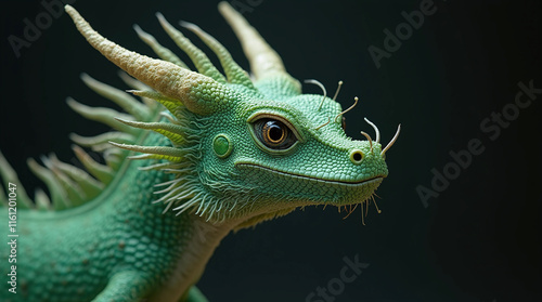 Green Chinese Dragon against Dark Background, Fantasy Fairy Tale Creature Animal photo