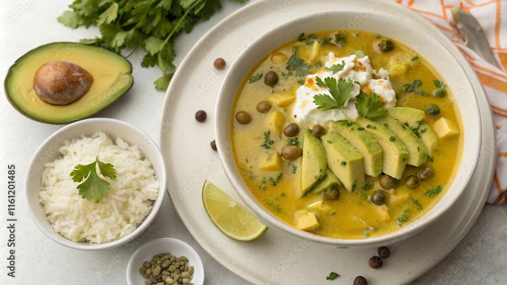 Colorful soup with avocado, herbs, and rice garnished for a vibrant meal experience Colorful soup with avocado, herbs, and rice garnished for a vibrant meal experience
