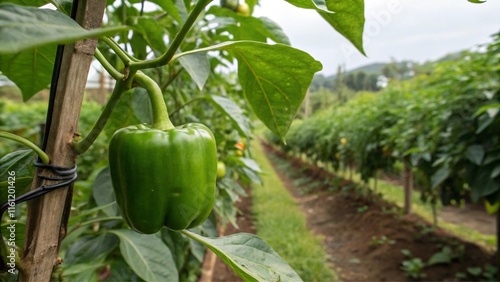 Organic Green Bell Pepper Growing on Local Farm, Farming and Agriculture photo