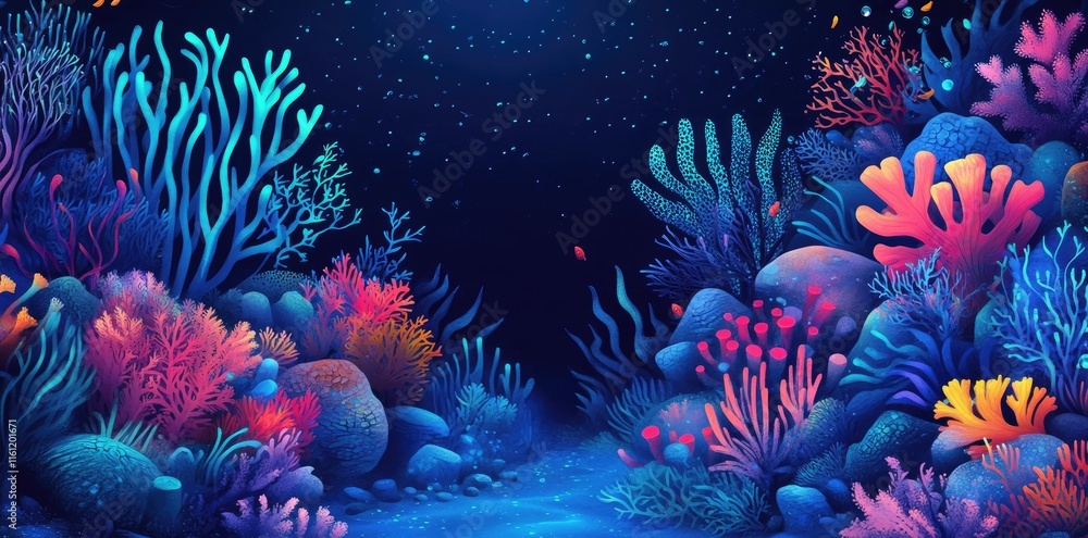 Obraz premium Vibrant Underwater Coral Reef Scene With Glowing Colors