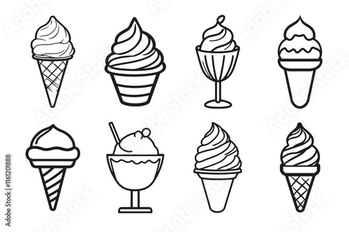 ice cream set, set of doodle with different ice cream types: ice cream waffle cone, cup ice cream on white background