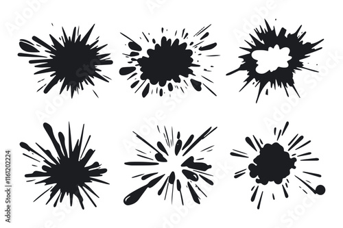  Silhouette vector style, simple line drawing, black and white comic book explosion icon set on a plain background