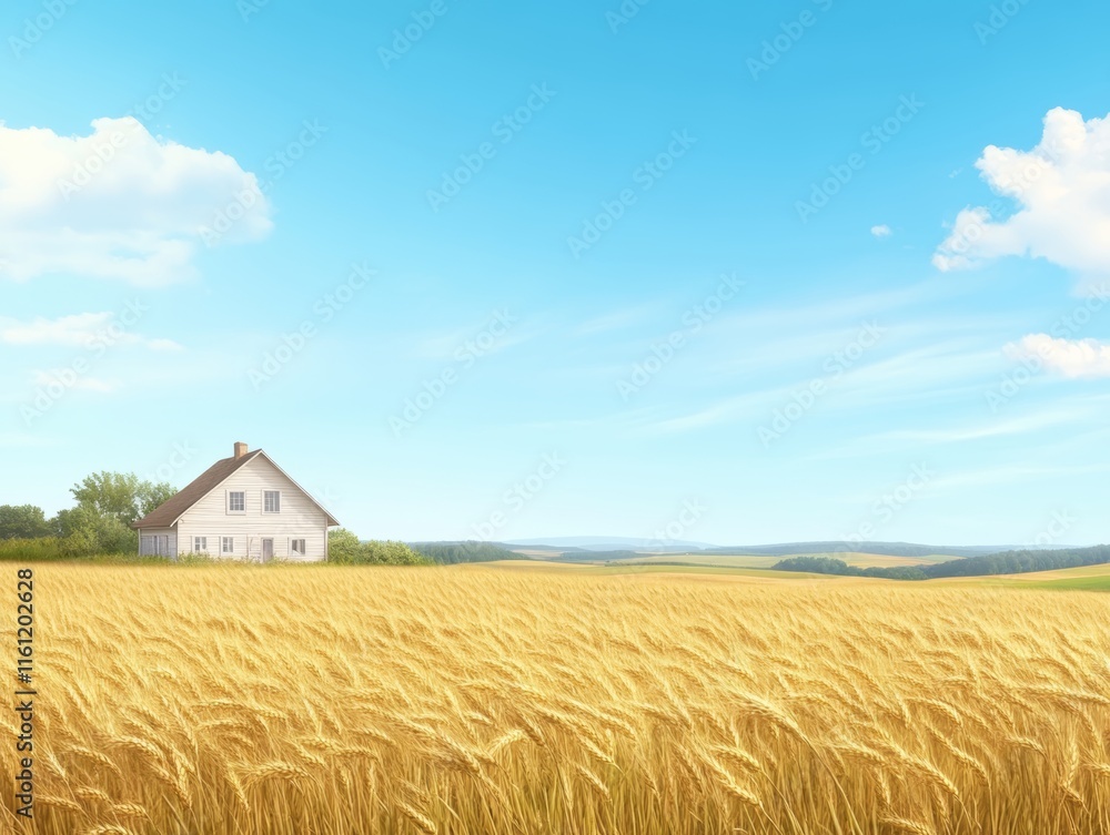 Country House in a Golden Wheat Field under a Blue Sky Country House in a Golden Wheat Field under a Blue Sky