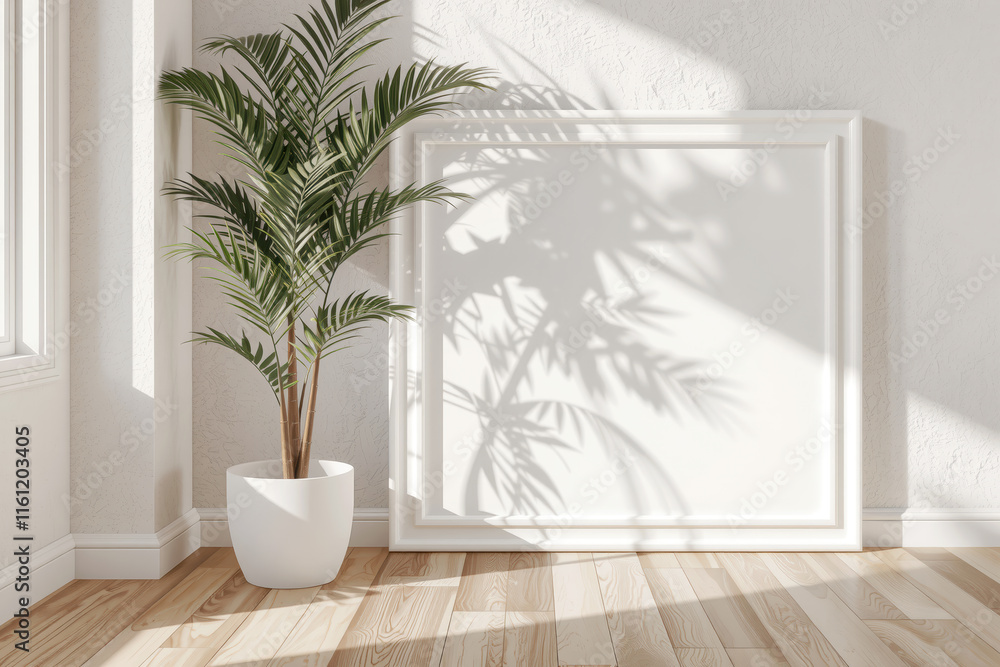 blank frame and potted plant create serene atmosphere in bright room. shadows cast by plant add depth and interest to minimalist decor