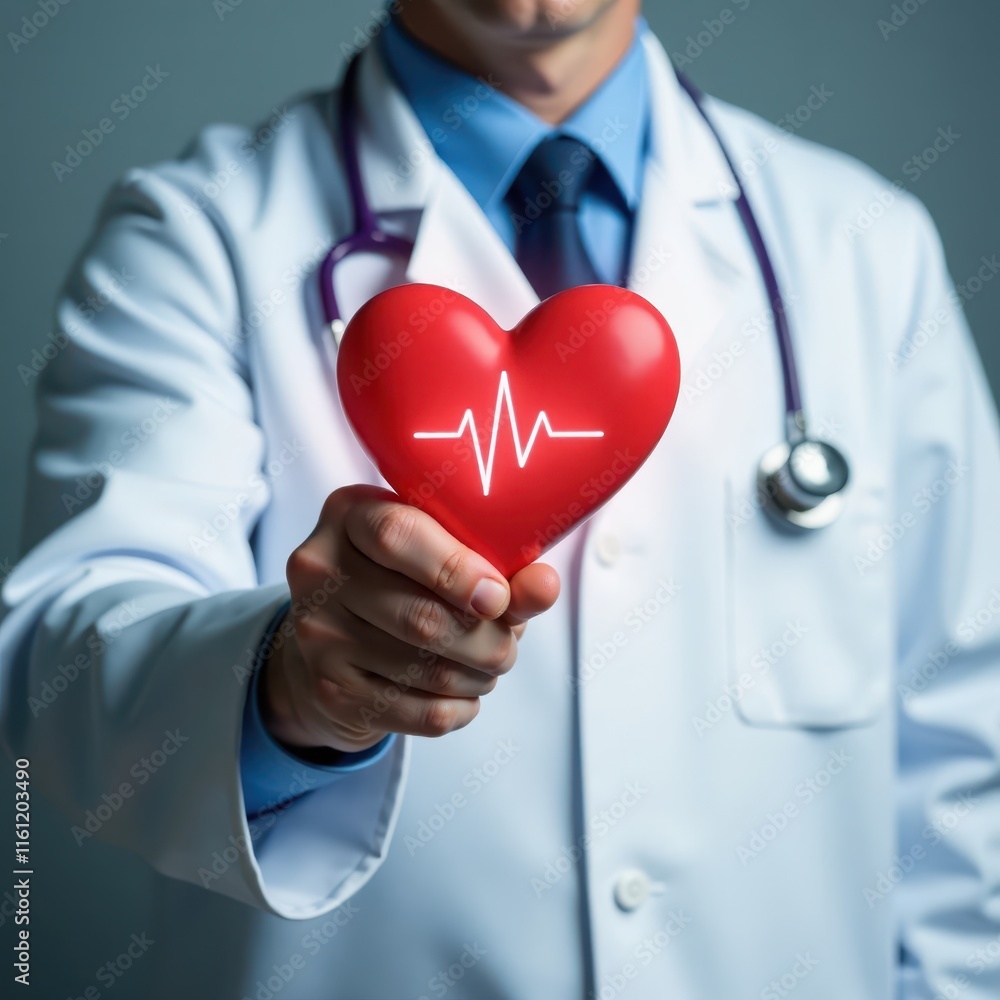 Doctor holding stethoscope and red heart icon with heartbeat symbol, medicine, clinical Doctor holding stethoscope and red heart icon with heartbeat symbol, medicine, clinical
