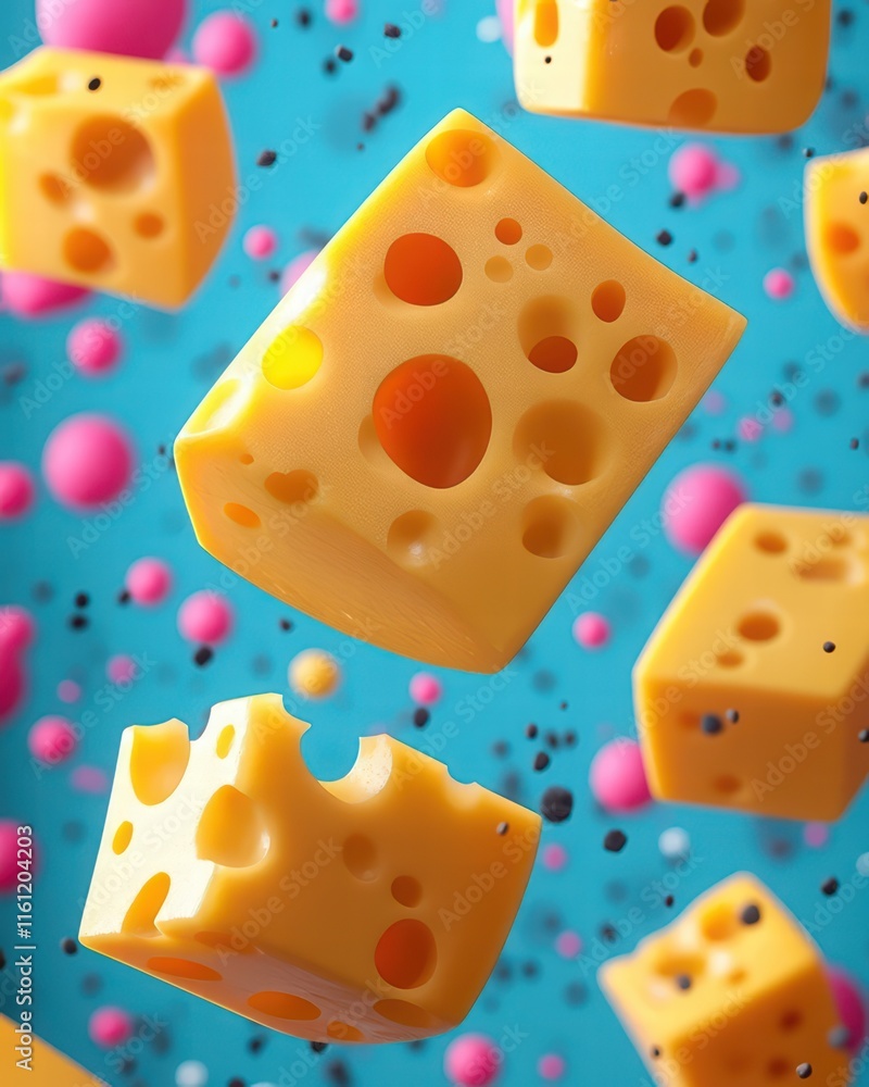 A vibrant, playful scene featuring floating yellow cheese blocks against a colorful, abstract background with pink and blue elements. A vibrant, playful scene featuring floating yellow cheese blocks against a colorful, abstract background with pink and blue elements.