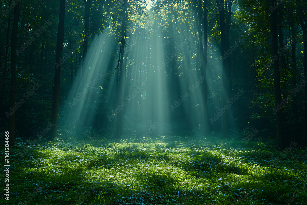 Fototapeta premium A mystical forest at dawn with ethereal light beams filtering through the trees, a misty atmosphere, and vibrant green foliage.