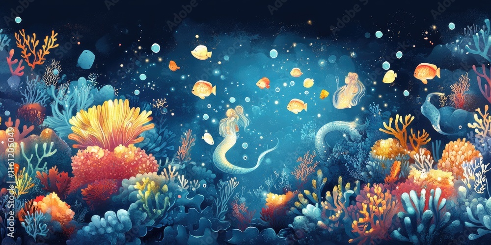 Obraz premium Mermaids Swim Among Vibrant Coral Reefs And Fish
