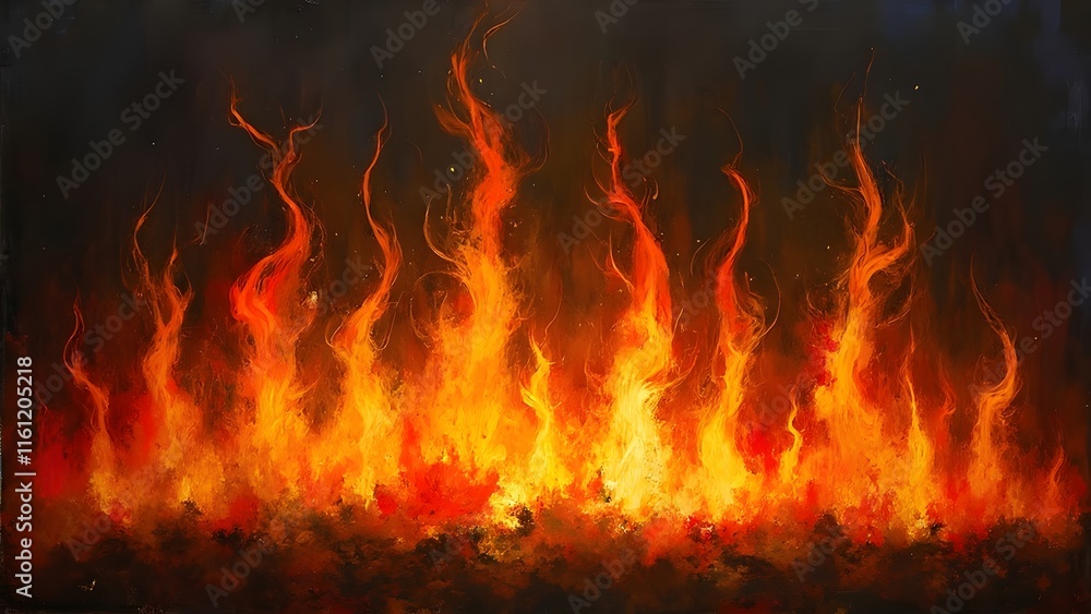 Mesmerizing Fiery Abstract Painting, Golden Flames Dance in Inky Blackness