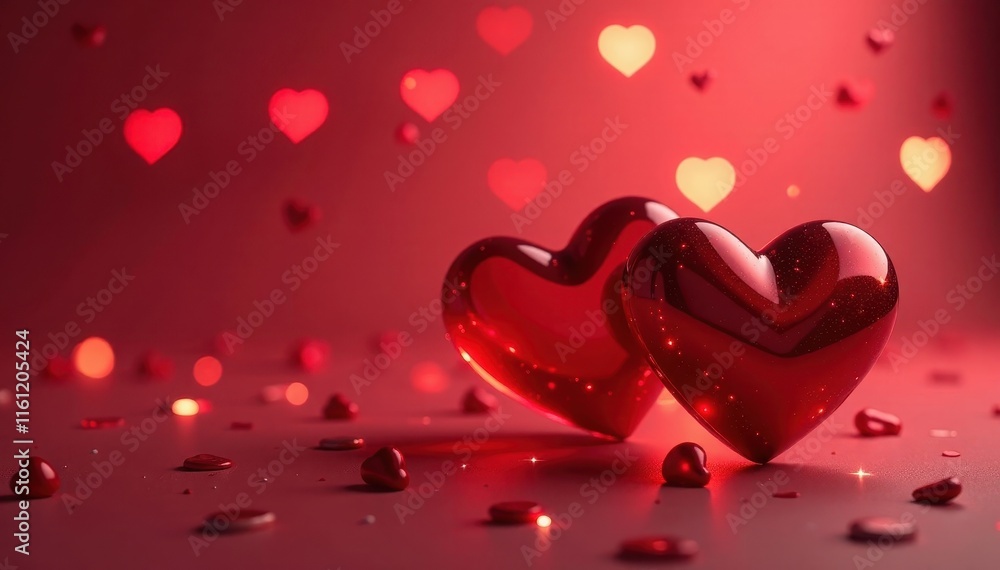 Two red hearts against a luminous background with Two red hearts against a luminous background with