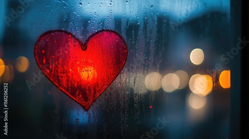 Red heart painted on a rain drenched window pane photo