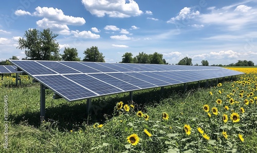 A Photovoltaic System on the Ground with Sunflowers Growing

 photo