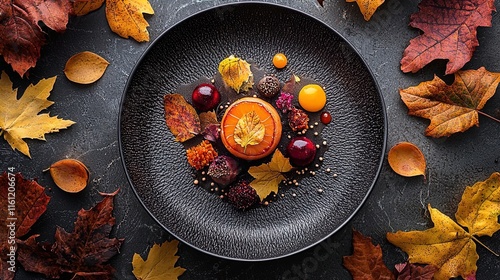 A beautifully arranged gourmet dessert presented on a textured black plate, surrounded by vibrant autumn leaves. The dish features a round segment of orange adorned with small colorful edible garnishe photo