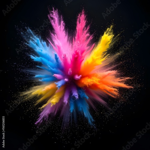 Vibrant Color Powder Explosion, Abstract Kaleidoscope of Pink, Blue, Yellow, Orange, and Purple on Black Background