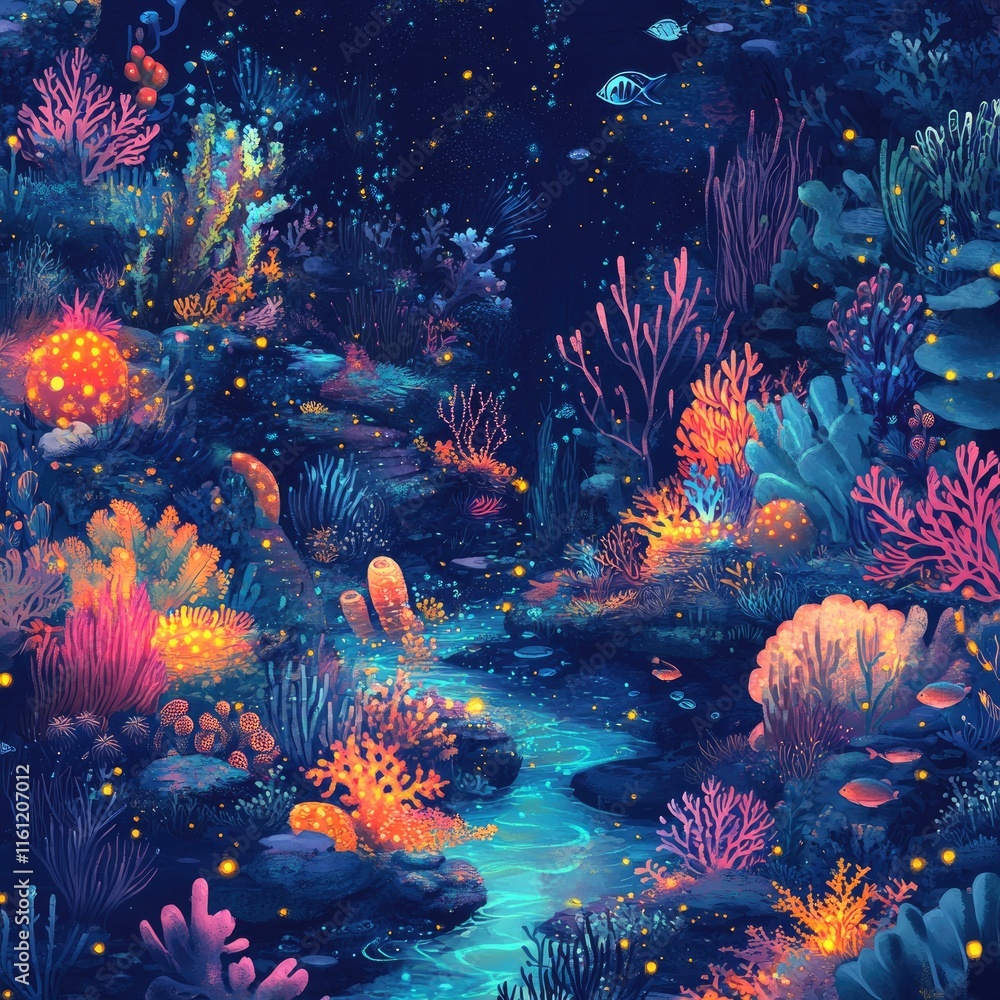 Naklejka premium Vibrant Underwater Scene With Bioluminescent Coral Reef