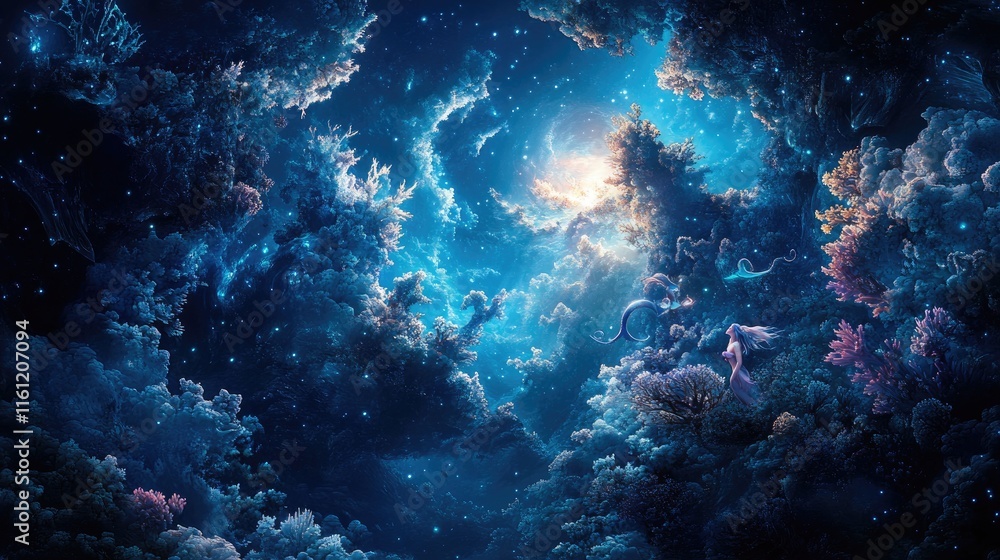 Fototapeta premium Mermaid Gazes Upon A Celestial Underwater Coral Reef