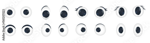 Set of plastic googly eyes in whithe and black color isolated on transparent background