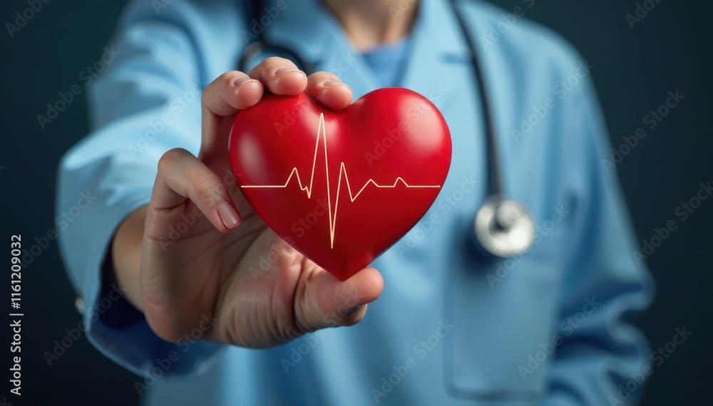 Close up of hand holding red heart with cardiogram line, monitoring, pulse Close up of hand holding red heart with cardiogram line, monitoring, pulse