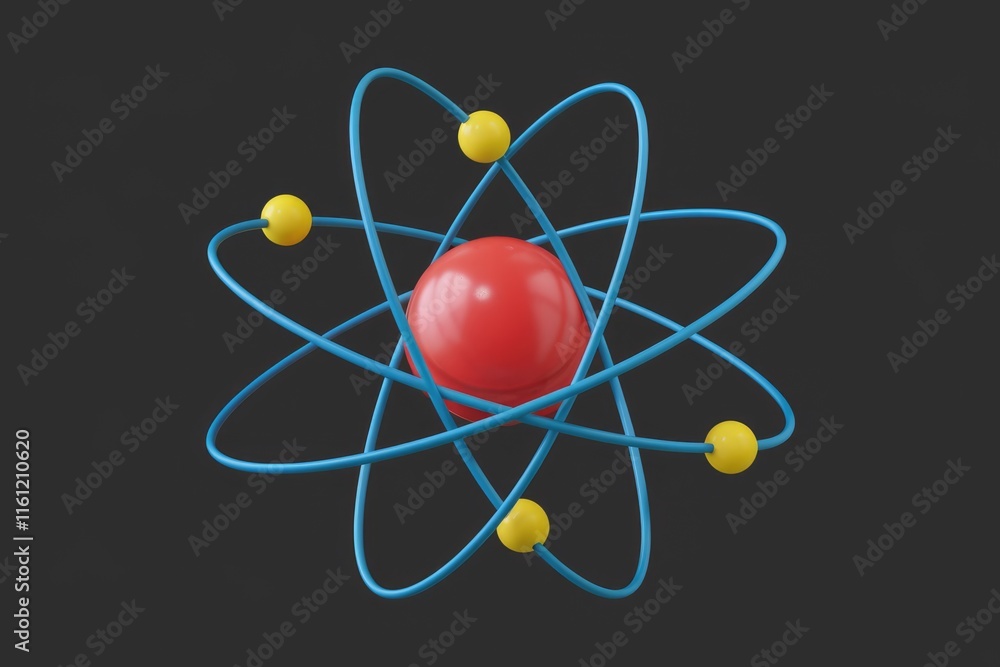 3D rendering of an atom with blue orbits and yellow electrons 3D rendering of an atom with blue orbits and yellow electrons