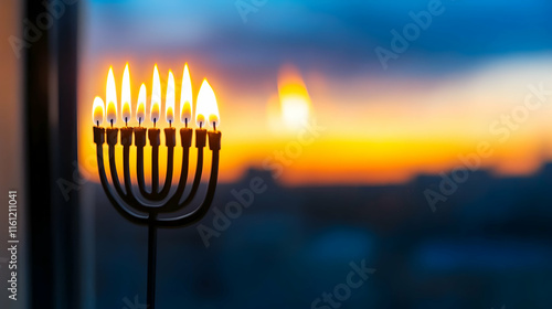 Candles flicker brightly against a colorful sunset, celebrating the joyous spirit of Hanukkah photo