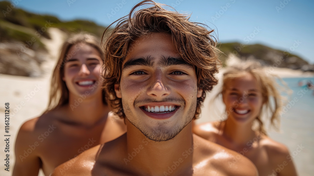 Happy friends at the beach on a sunny day Happy friends at the beach on a sunny day