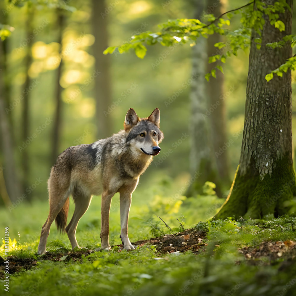 alert wolf facing camera in summer forest alert wolf facing camera in summer forest