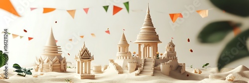 Songkran Festival banner, featuring sand castles and traditional Thai temples