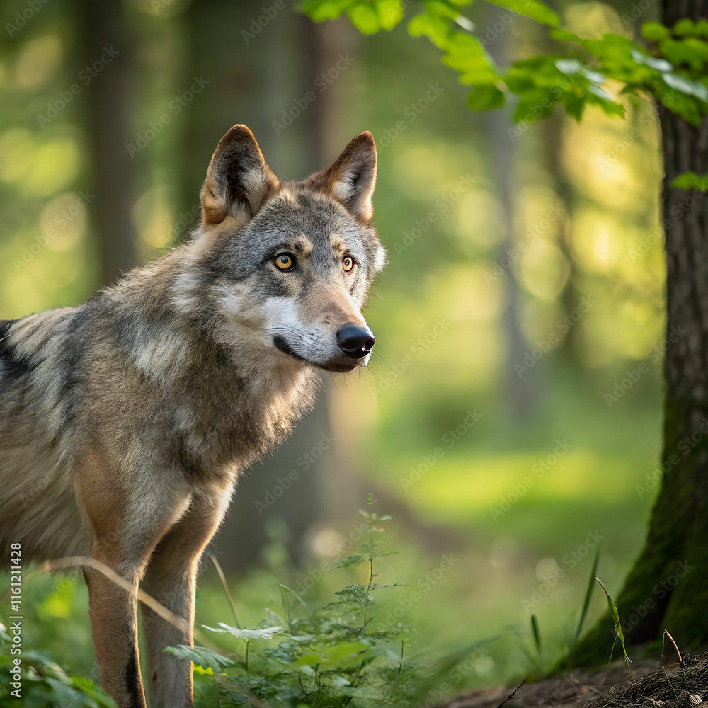 alert wolf facing camera in summer forest alert wolf facing camera in summer forest