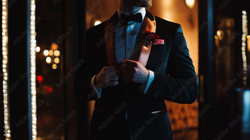 Stylish man adjusting his tuxedo with satin lapels and pocket square in elegant evening setting Stylish man adjusting his tuxedo with satin lapels and pocket square in elegant evening setting