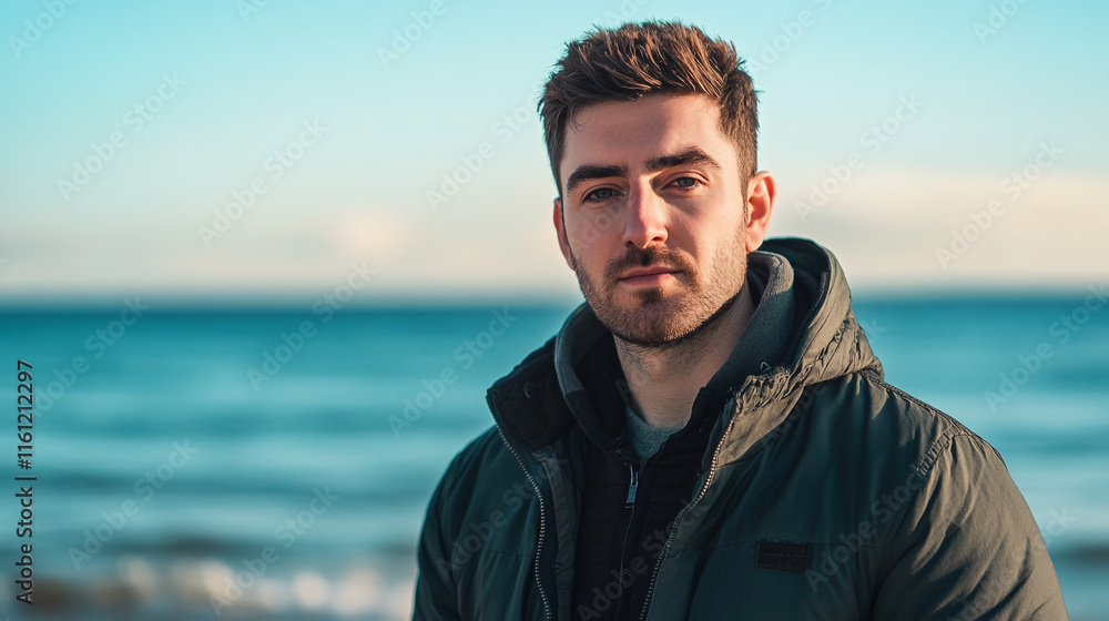 Young man standing by the ocean during a clear day in winter Young man standing by the ocean during a clear day in winter