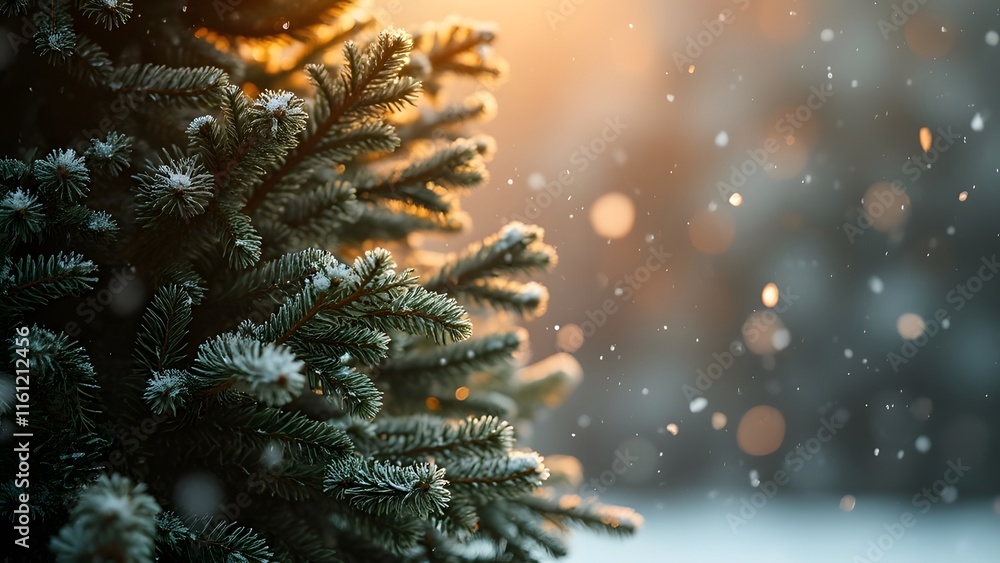 Close-up of a Frosty Christmas Fir Tree, Elegant Winter Background with Golden Light and Soft Snowfall - Perfect for Holiday Greetings and Seasonal Quotes Close-up of a Frosty Christmas Fir Tree, Elegant Winter Background with Golden Light and Soft Snowfall - Perfect for Holiday Greetings and Seasonal Quotes