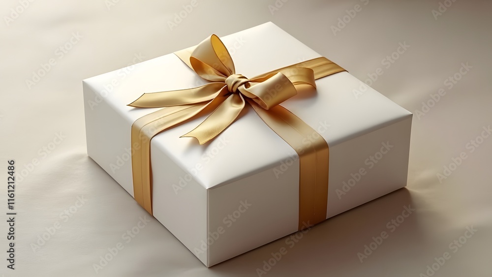Luxurious Minimalist White Gift Box with Golden Ribbon Bow - Elegant PNG Image for Design Layouts Luxurious Minimalist White Gift Box with Golden Ribbon Bow - Elegant PNG Image for Design Layouts