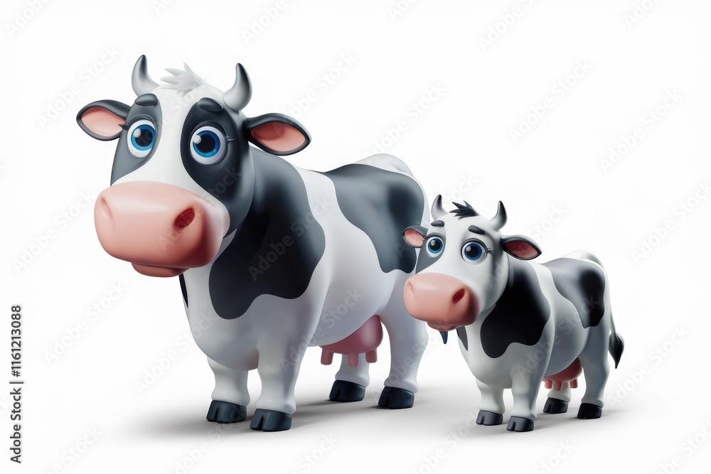 Fototapeta premium Two cartoon cows one big one small standing side by side on a white background.