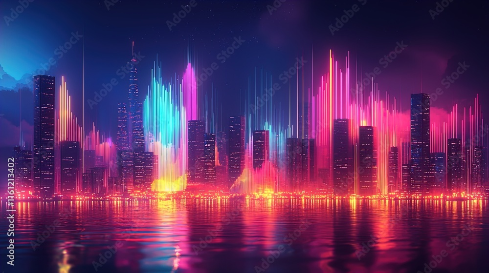 A vibrant city skyline illuminated by colorful light rays and reflections on the water surface. The scene features towering skyscrapers against a night sky, with abstract light patterns in shades of p A vibrant city skyline illuminated by colorful light rays and reflections on the water surface. The scene features towering skyscrapers against a night sky, with abstract light patterns in shades of p