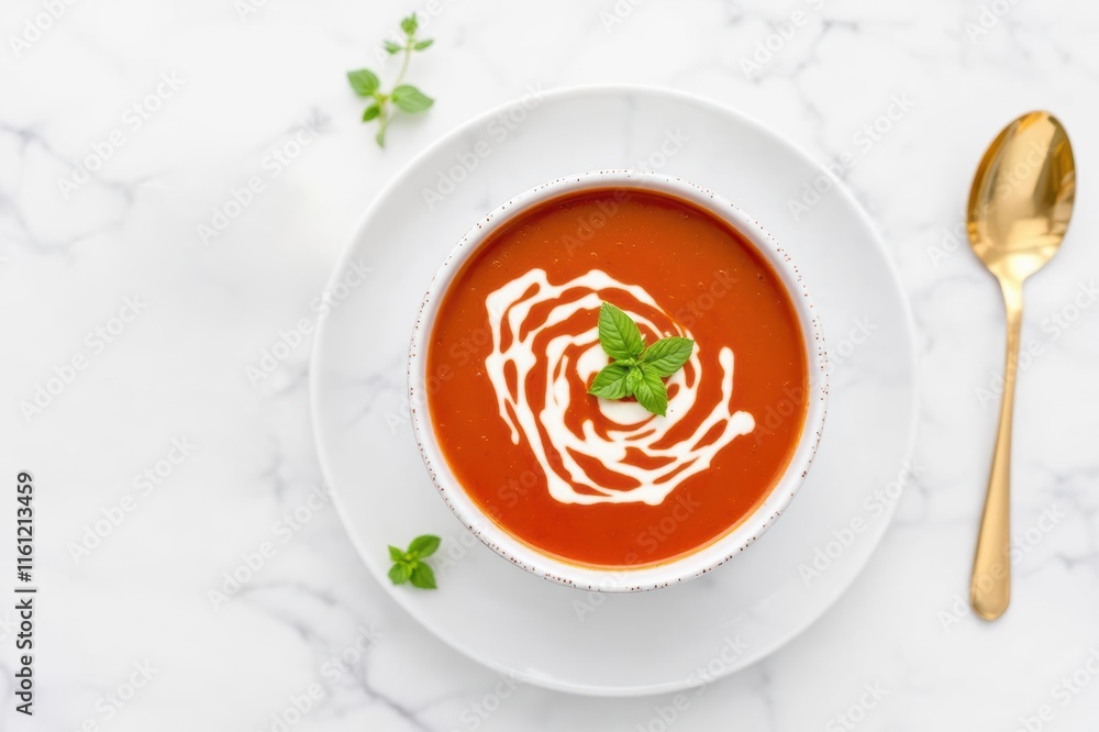 Tomato soup with basil on white marble surface with gold utensils Tomato soup with basil on white marble surface with gold utensils