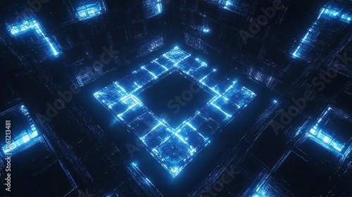 Abstract futuristic cube structure glowing with neon blue lights in a dark, high-tech environment. The geometric design creates a sense of depth and mystery. AI generative.