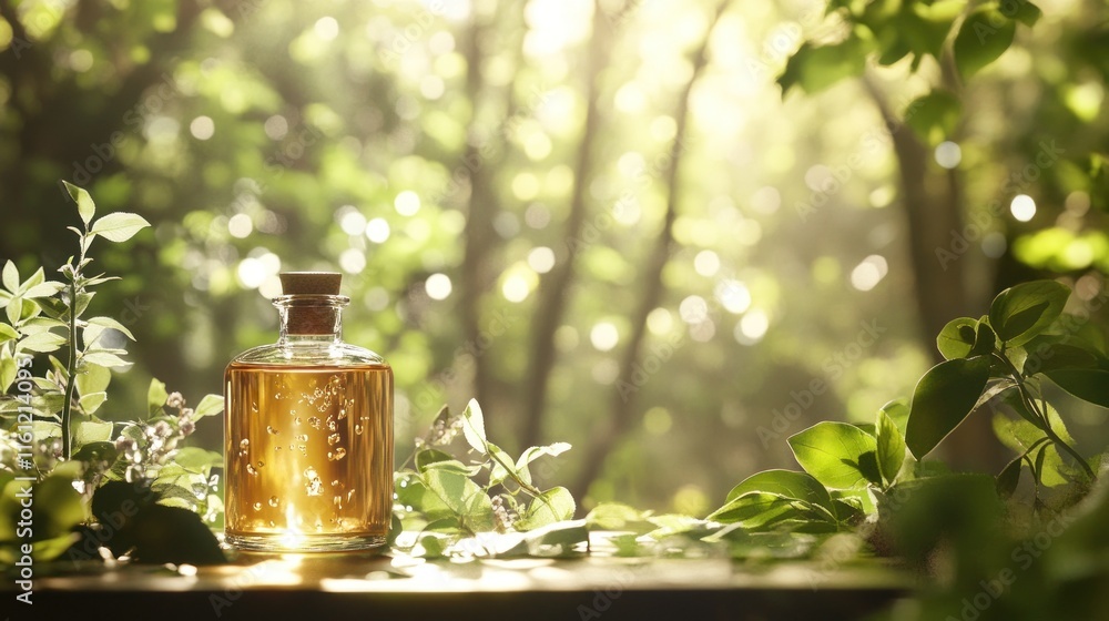 Amber liquid in glass bottle, surrounded by green leaves, sunlit background. Amber liquid in glass bottle, surrounded by green leaves, sunlit background.