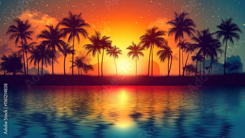 Colorful tropical sunset background with dark palm tree silhouettes in a beautiful design