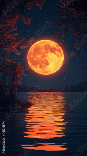 Blood Moon Rising Over Still Lake at Night