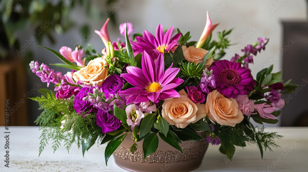 Elegant Floral Centerpiece with Pink and Purple Blooms - Table Decoration Elegant Floral Centerpiece with Pink and Purple Blooms - Table Decoration