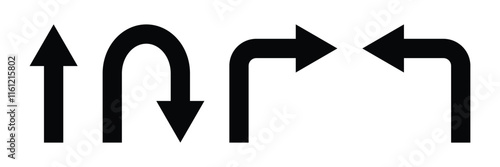 Go straight, this way, one way, only u turn left and right black arrow sign. Vector illustration. EPS 10.
