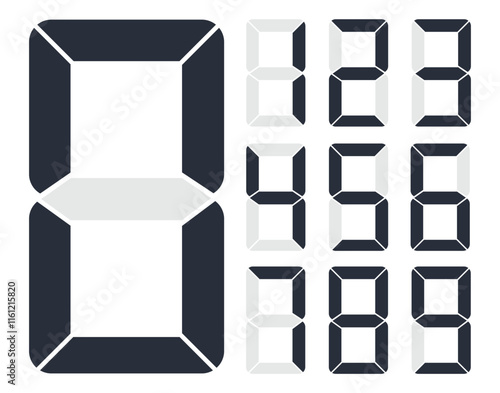 Digital display font. Alarm clock letters and numbers, electronic alphabet and retro calculator screen symbols vector set. Letters set for a digital watch and other electronic devices.
