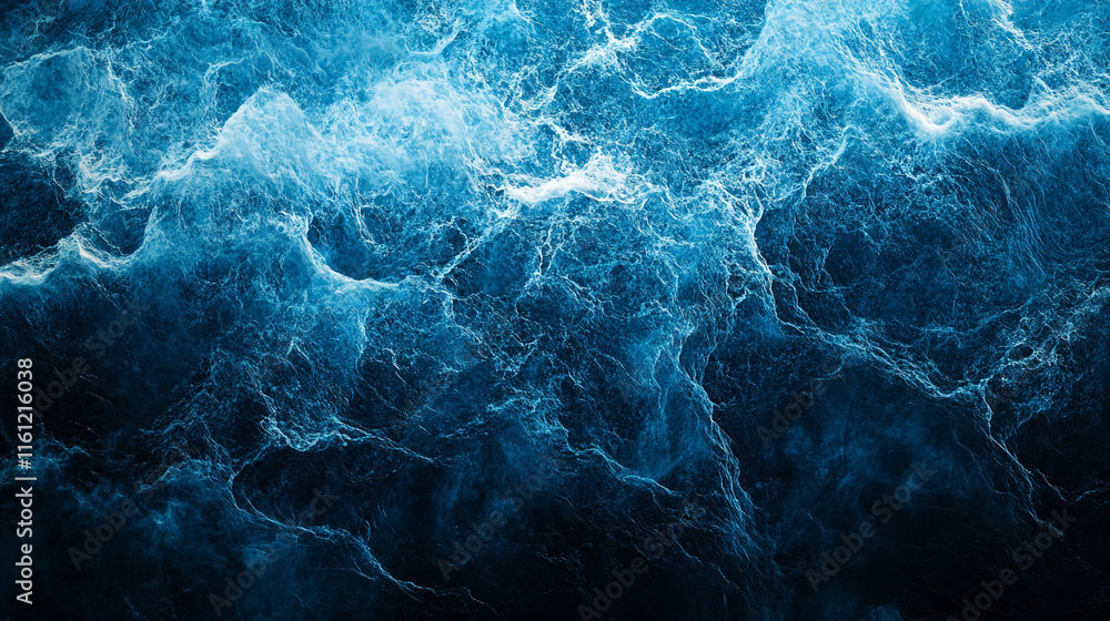 Dynamic ocean waves crash against each other creating a stunning blue abstract pattern
