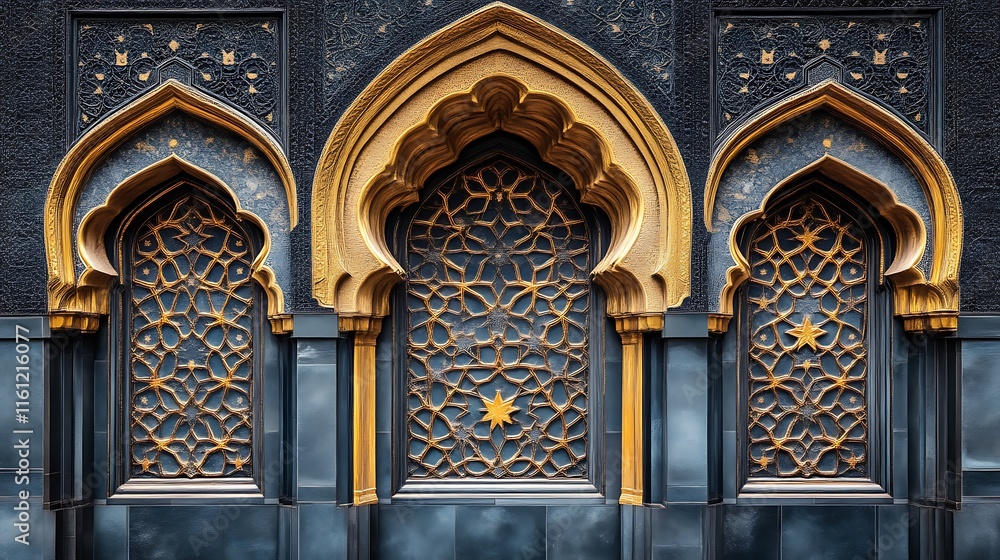 Obraz premium Three Ornate Gold And Blue Architectural Windows