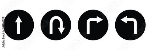 Go straight, this way, one way, only u turn left and right black arrow sign. Vector illustration. EPS 10.