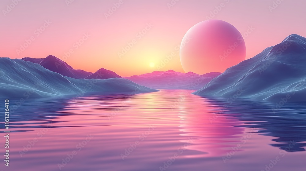 Vibrant sunset over an alien landscape with mountains and a serene lavender lake Vibrant sunset over an alien landscape with mountains and a serene lavender lake