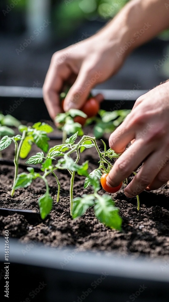 Hands carefully tending to young tomato seedlings in black growing containers filled with rich soil, demonstrating sustainable gardening practices and plant care techniques. Hands carefully tending to young tomato seedlings in black growing containers filled with rich soil, demonstrating sustainable gardening practices and plant care techniques.