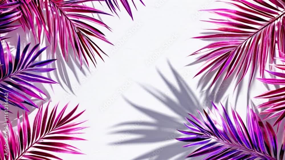A vibrant background with magenta and purple tropical palm leaves on a white textured background with soft shadows. Tropical holidays card A vibrant background with magenta and purple tropical palm leaves on a white textured background with soft shadows. Tropical holidays card